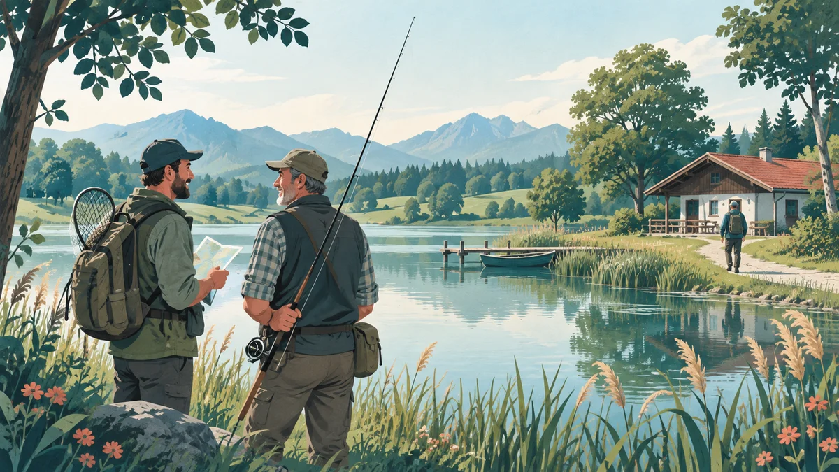 Illustration: Zwei erwachsene Angler sprechen mit einer Karte am See, im Hintergrund ein Vereinsheim
