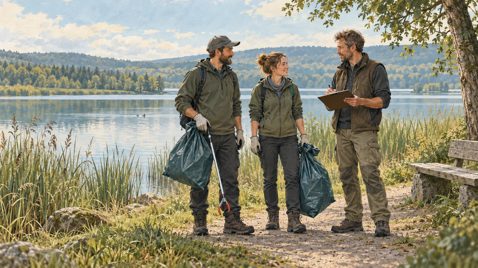 Illustration: Drei Helfer planen mit Klemmbrett, Müllsäcken und Greifzange einen Arbeitsdienst am See