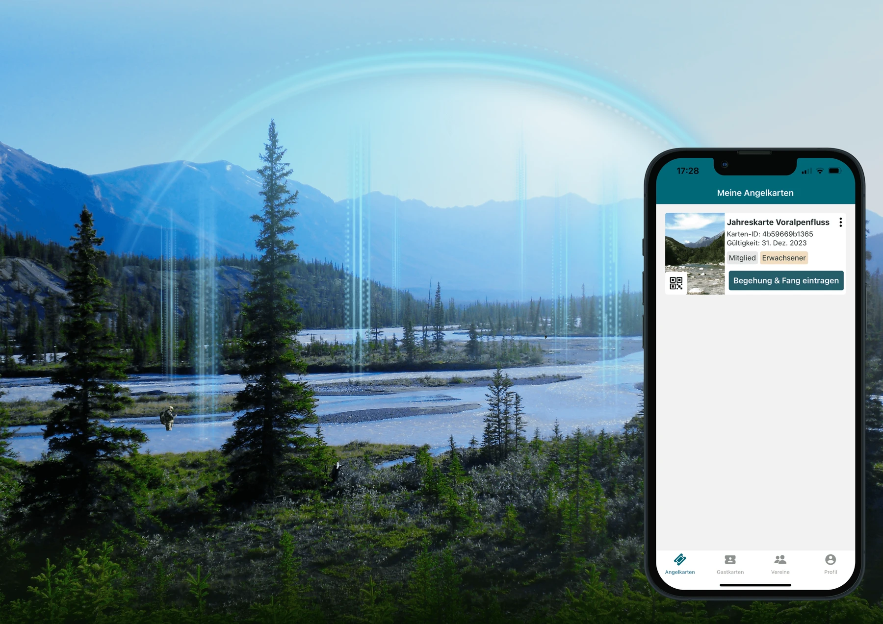Angelroute-App mit digitaler Angelkarte vor einer Gewaesserlandschaft