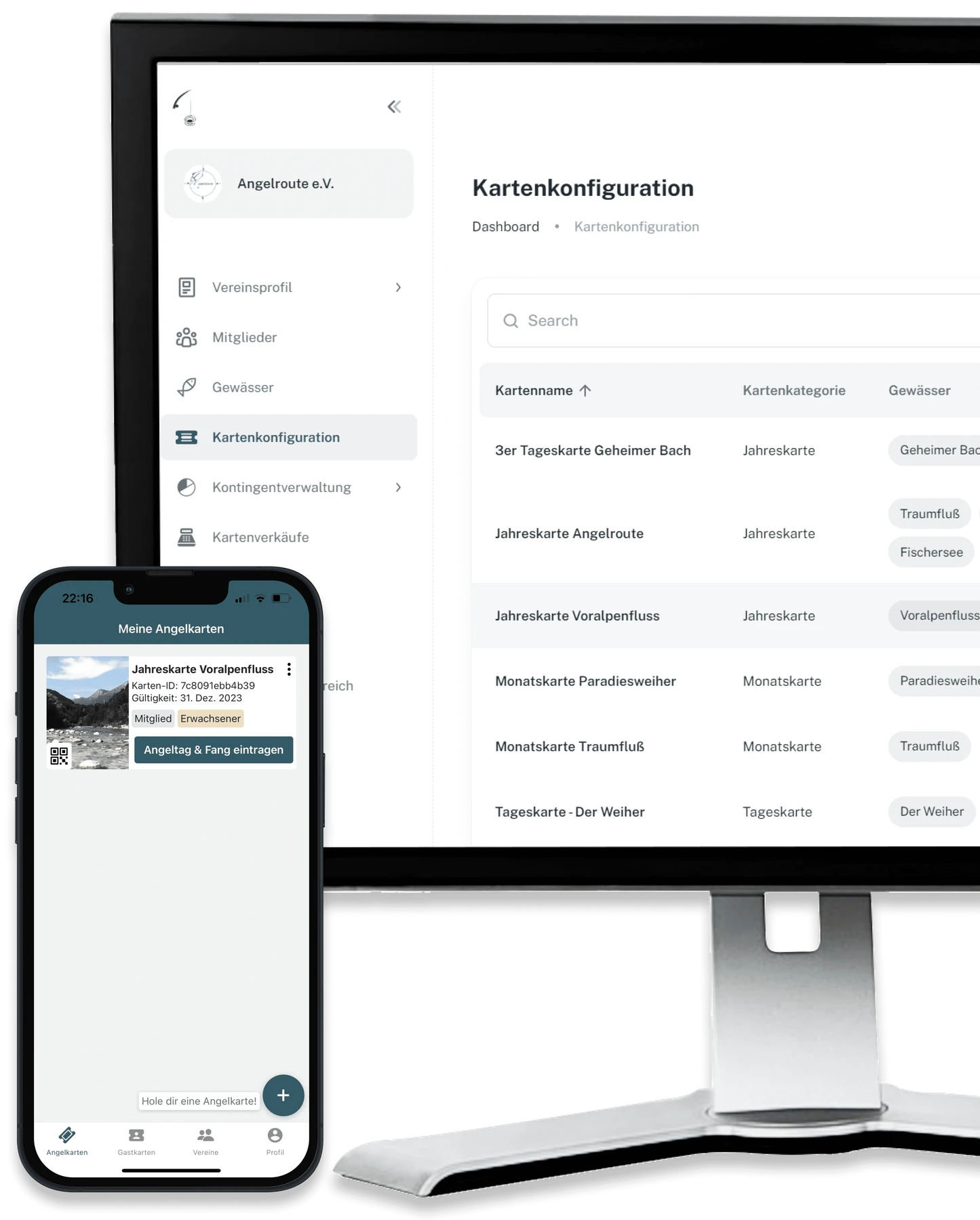 Kartenkonfiguration im Angelroute-Cockpit und eine digitale Jahreskarte in der App