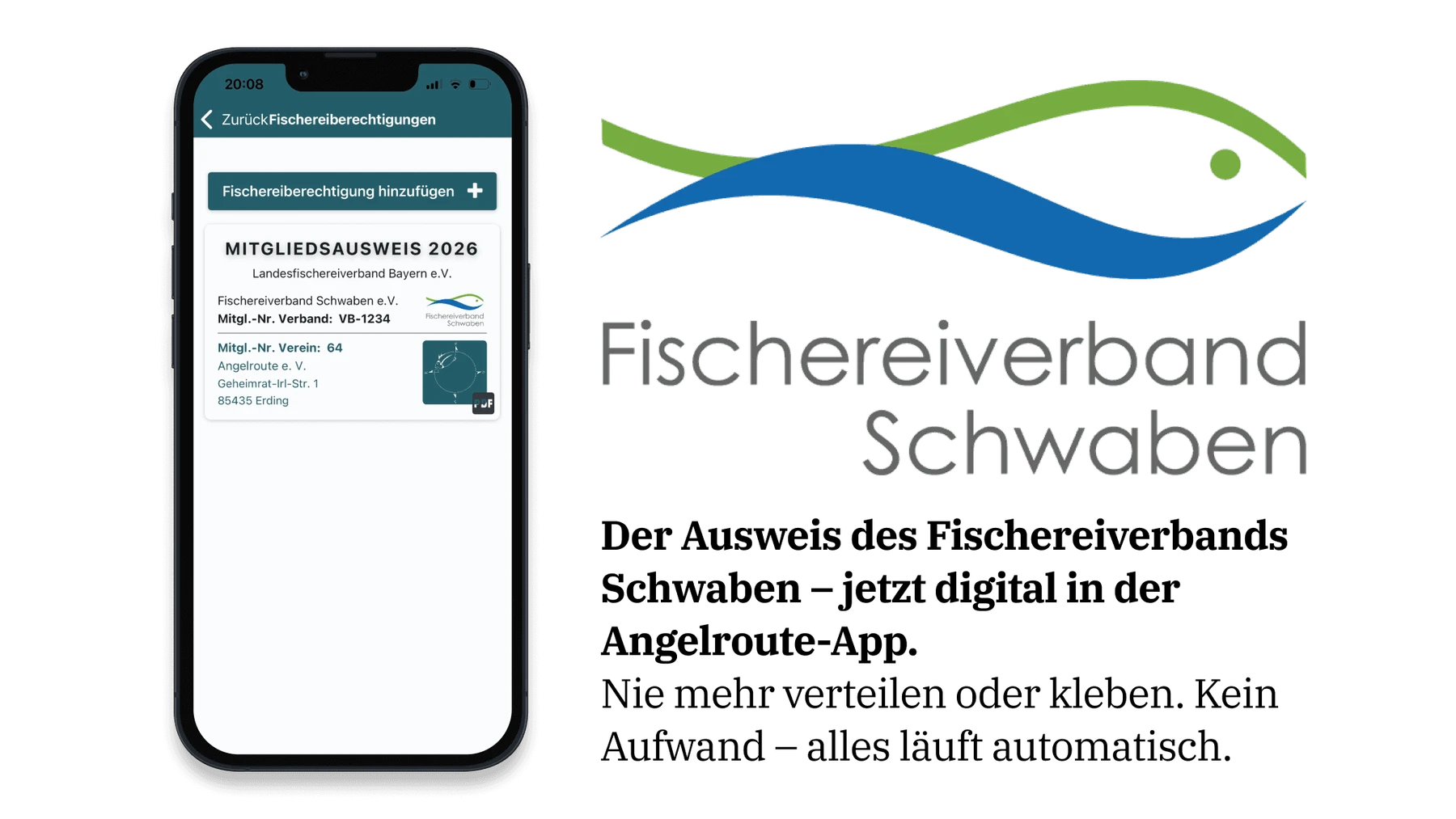 Digitaler Mitgliedsausweis für Angelvereine in der Angelroute-App – Mitgliedsausweis des Fischereiverband Schwaben.